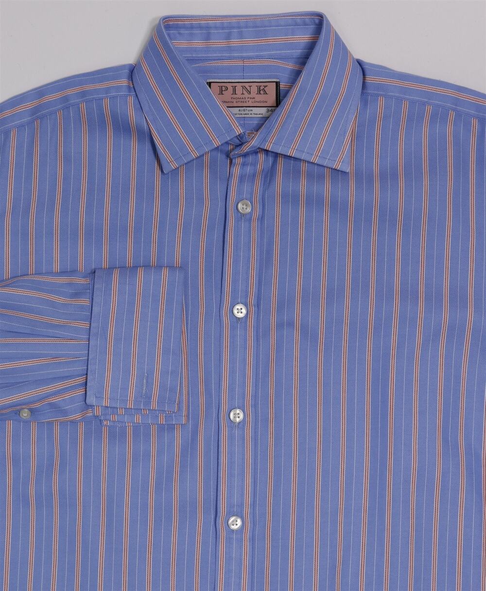 Thomas Pink Blue Striped Twill Cotton French Cuff Dress Shirt (41) 16-34/35